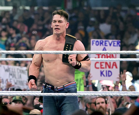 John Cena celebrates after his victory over Cody Rhodes to win the Undisputed WWE Championship during WrestleMania 41 at Allegiant Stadium on April 20, 2025 in Las Vegas, Nevada.