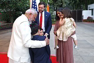 IIndia’s Prime Minister Narendra Modi welcoming US Vice President JD Vance, wife Usha Vance and their children at his residence in New Delhi in April.