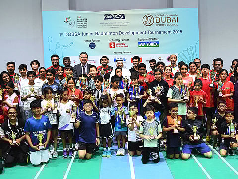 Participants and winners of the Dubai Open Badminton Academies Tournament.