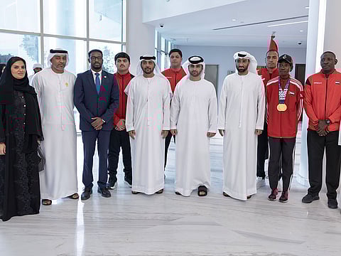 Sheikh Mansoor and the UAE Olympic Committee members meeting the UAE delegation for the third GCC Beach Games held in Muscat this month.