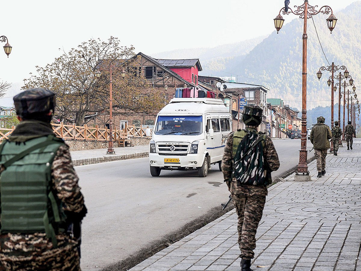 Paramilitary personnel conduct a patrol in Pahalgam area following the terror attack at Baisaran on Apr 22 that left several tourists dead and many others injured. 