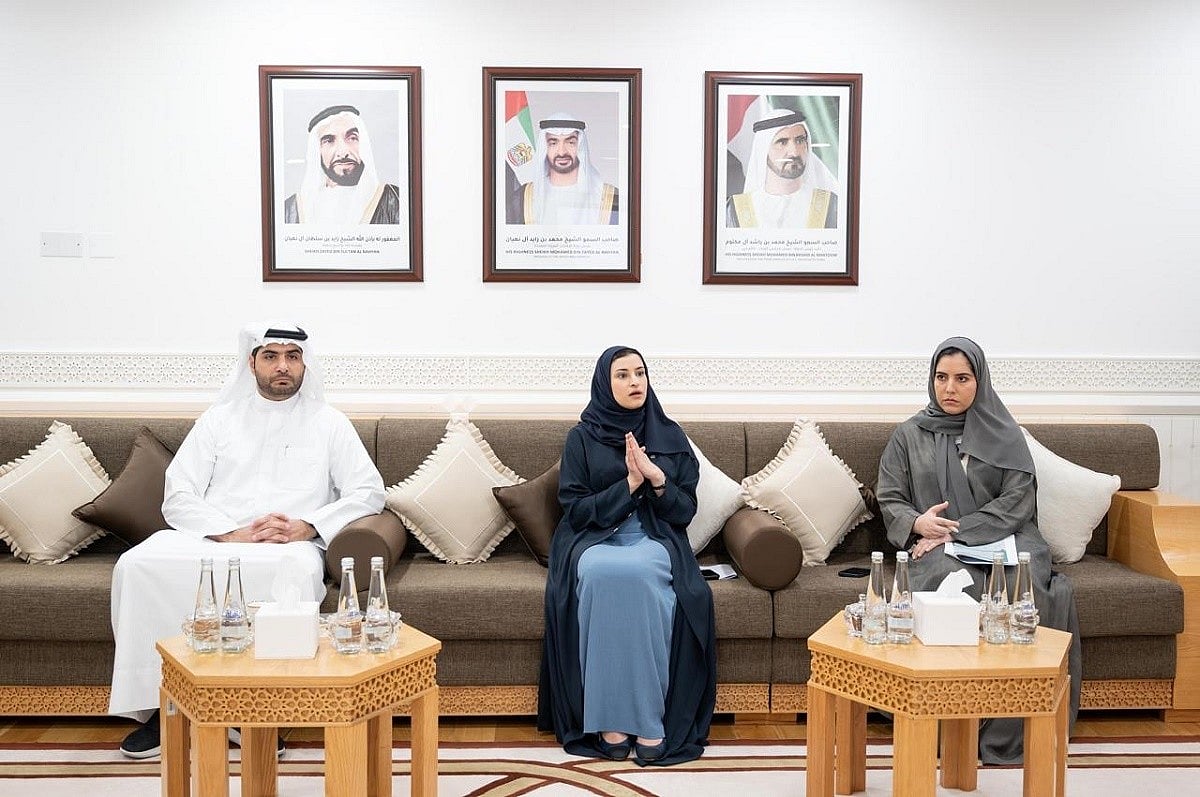 Sarah Al Amiri (centre) announces the revamped high school streams during  a media briefing
