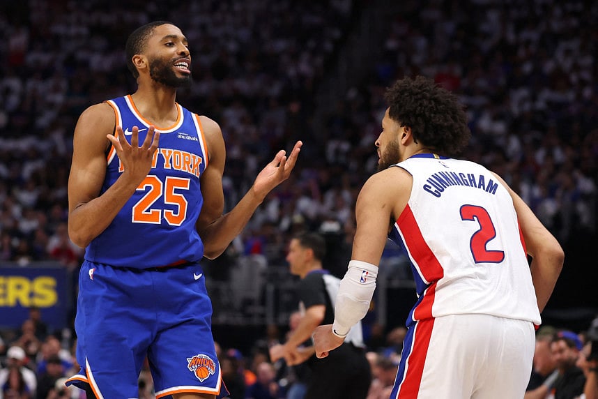 Mikal Bridges of New York Knicks reacts against Cade Cunningham of Detroit Pistons during the Eastern Conference First Round NBA Playoffs. The Knicks will be playing Philadelphia 76ers in two preseason matchups on October 2 and October 4 at Etihad Arena on Yas Island.