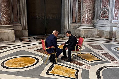 Ukraine's President Volodymyr Zelensky (R) meets with US President Donald Trump (L) on the sidelines of Pope Francis's funeral at St. Peter's Basilica at the Vatican.