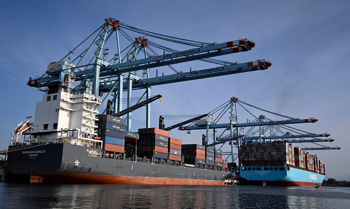 Singapore flagged Magdalena Schulte and Danish flagged Maersk Edinburg cargo ships are pictured at the Lazaro Cardenas Cargo Port, Michoacan State, Mexico on April 25, 2025.