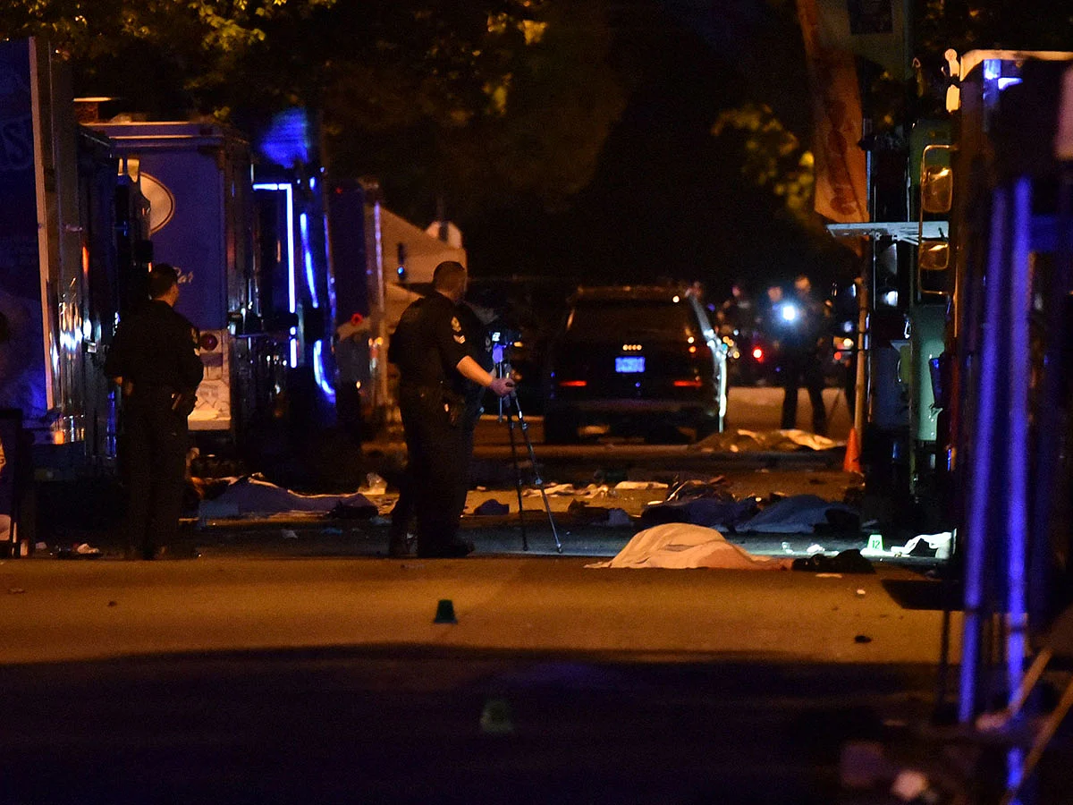Vancouver police investigate a crime scene after a man drove into pedestrians at the annual Lapu Lapu festival celebrating Filipino culture, at East 43rd Avenue and Fraser, in the south of Vancouver on April 26, 2025.
