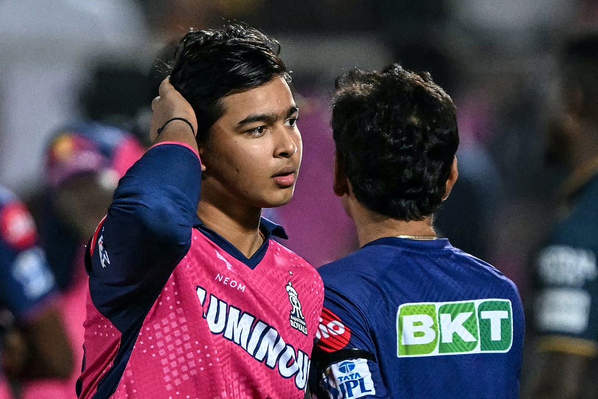 Rajasthan Royals' Vaibhav Suryavanshi gestures at the end of the Indian Premier League (IPL) Twenty20 cricket match between Rajasthan Royals and Gujarat Titans at the Sawai Mansingh Stadium in Jaipur on April 28, 2025.