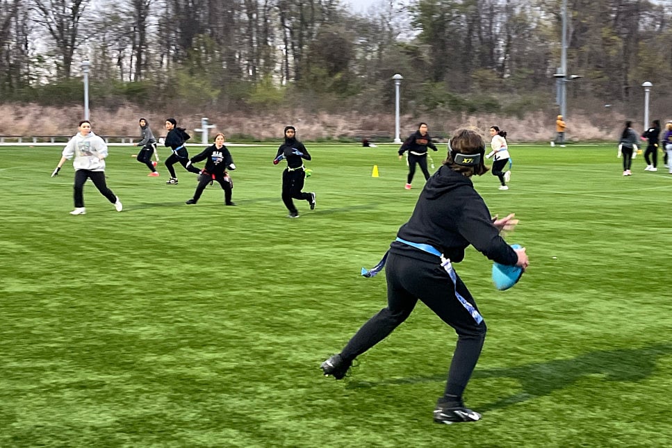 A player from the Staten Island Giants flag football club, throws the ball during a practice session on April 21 on Staten Island in New York.