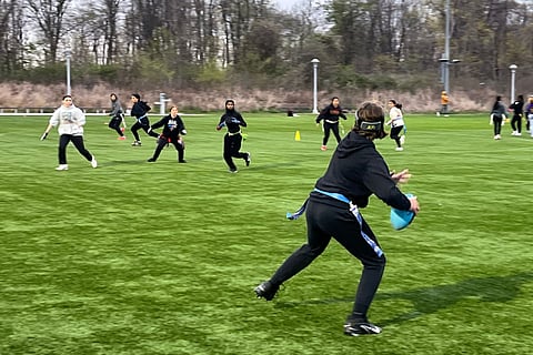 A player from the Staten Island Giants flag football club, throws the ball during a practice session on April 21 on Staten Island in New York.