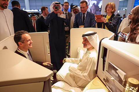 Antonoaldo Neves, CEO, Etihad Aviation Group showcasing features of its new Airbus A321LR aircraft on the opening day of Arabian Travel Market. 

Virendra Saklani/Gulf News
