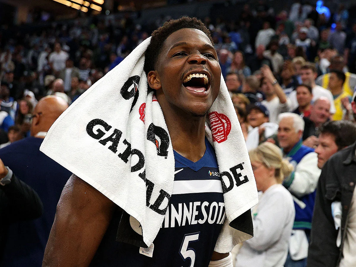 Anthony Edwards #5 of the Minnesota Timberwolves celebrates the win against the Los Angeles Lakers.
