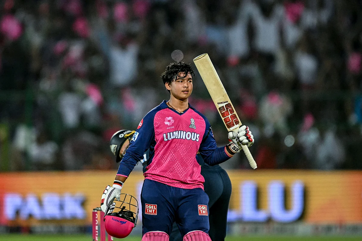 Rajasthan Royals' Vaibhav Suryavanshi celebrates after scoring a century during the Indian Premier League (IPL) Twenty20 cricket match against Gujarat Titans at the Sawai Mansingh Stadium in Jaipur on April 28.