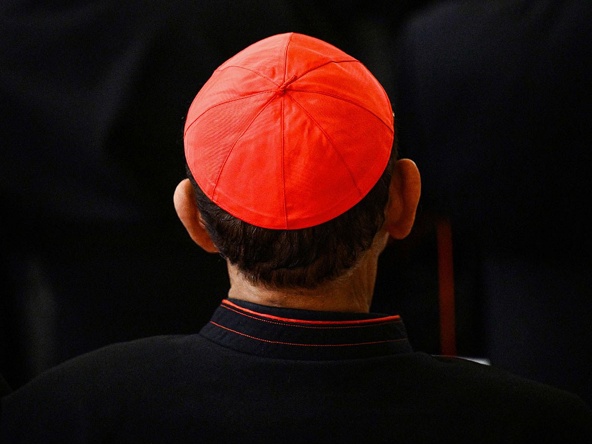 A cardinal wearing a red Zucchetto attends a celebration of the Second Vespers at the Santa Maria Maggiore Basilica, which hosts the tomb of late Pope Francis.