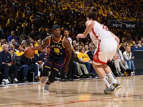 Jimmy Butler drives to the basket during the game against the Houston Rockets during Round One Game Four of the 2025 NBA Playoffs.