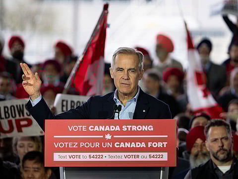 Mark Carney, Canada's prime minister and leader of Canada's Liberal Party, during a campaign rally in Mississauga, Ontario, Canada, .