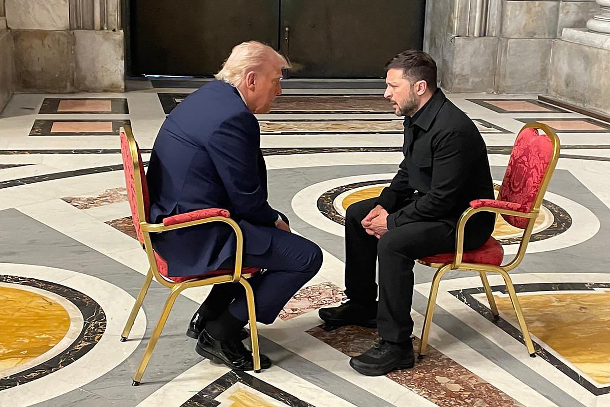 Zelensky meets Trump on the sidelines of Pope Francis's funeral at St. Peter's Basilica at The Vatican.