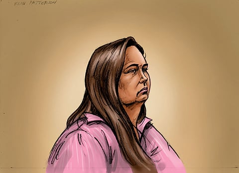 A handout sketch received from the Supreme Court of Victoria on April 29, 2025 shows Erin Patterson, an Australian woman accused of murdering three people with a toxic mushroom-laced beef Wellington, as she faces trial in a case that has grabbed global attention. 