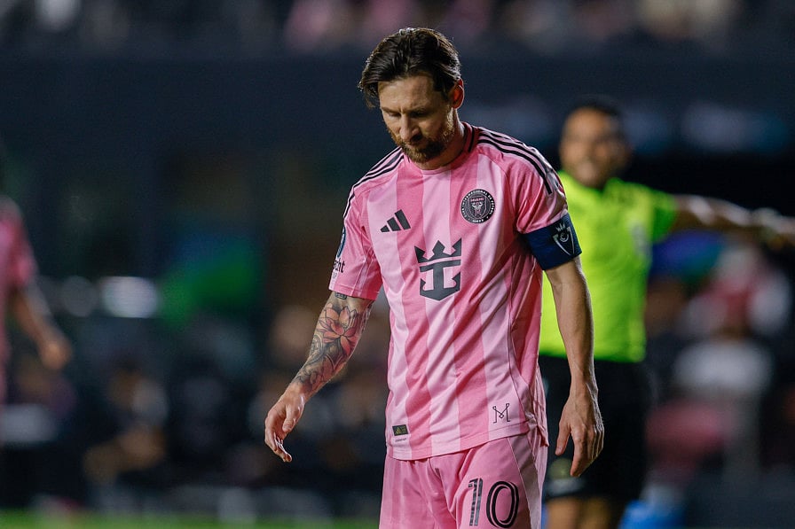 Lionel Messi #10 of Inter Miami CF reacts during the CONCACAF Champions Cup Semi-final Second Leg match against Vancouver Whitecaps at Chase Stadium on Wednesday.