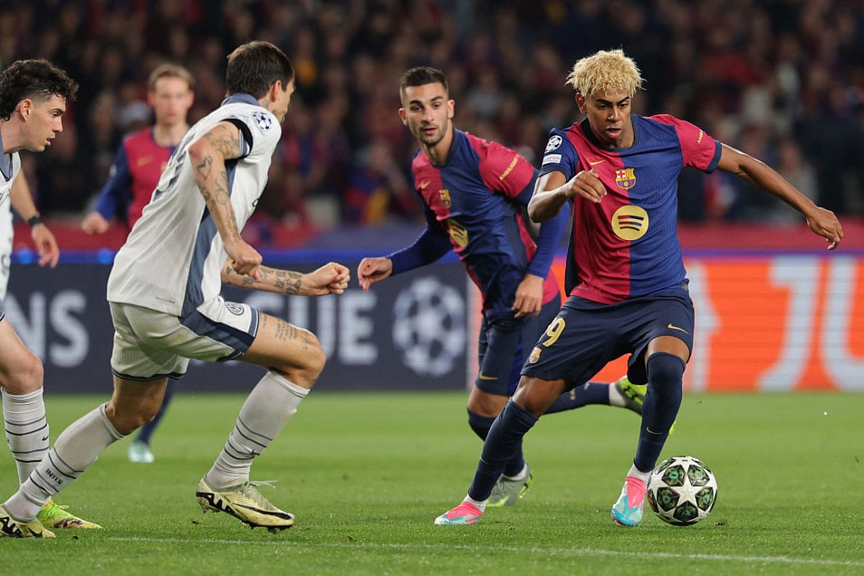 Barcelona's Lamine Yamal, who tries to go past Inter Milan's Francesco Acerbi, created havoc for the Italian club during the Uefa Champions League semi-final first leg on Wednesday.