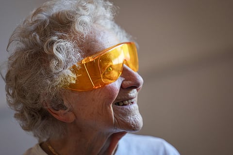 Dorothea Barron, 100, during a yoga class at the village hall near her home on March 31, 2025. The centenarian fondly recalls when she learned World War II had ended in Europe on May 8, 1945. "Thank goodness that's over," she remembers thinking as relief swept over her.