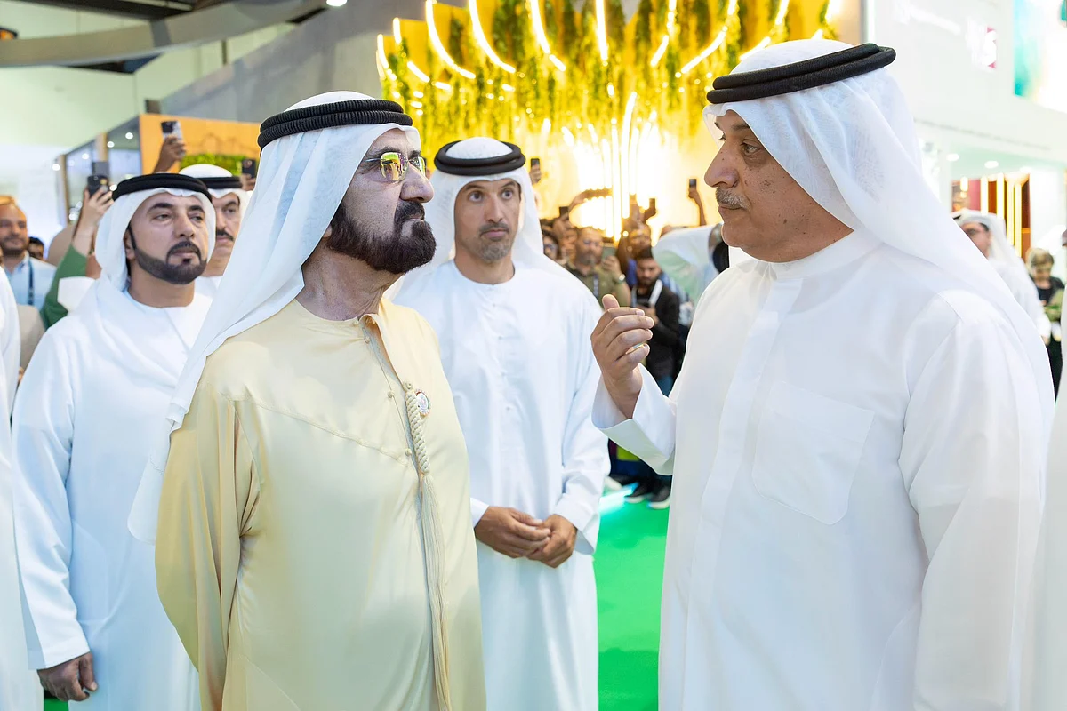 His Highness Sheikh Mohammed bin Rashid Al Maktoum, Vice President, Prime Minister and Ruler of Dubai during a tour at the Arabian Travel Market in Dubai.