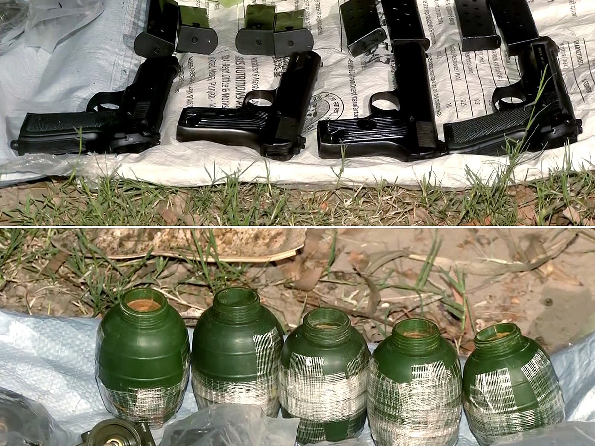 Border Security Force and Punjab Police recover grenades, pistols and detonators in the fields of Bala Chak village, in Amritsar on Friday, April 25, 2025. 