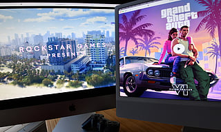 This illustration photo created in Los Angeles, California, on December 5, 2023, shows Rockstar Games’ Grand Theft Auto 6 trailer played on computer screens.