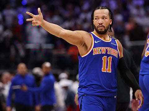 Jalen Brunson #11 of the New York Knicks celebrates after making a three-point basket late during the fourth quarter against the Detroit Pistons in Game Six of the Eastern Conference First Round NBA Playoffs at Little Caesars Arena on May 01, 2025 in Detroit, Michigan