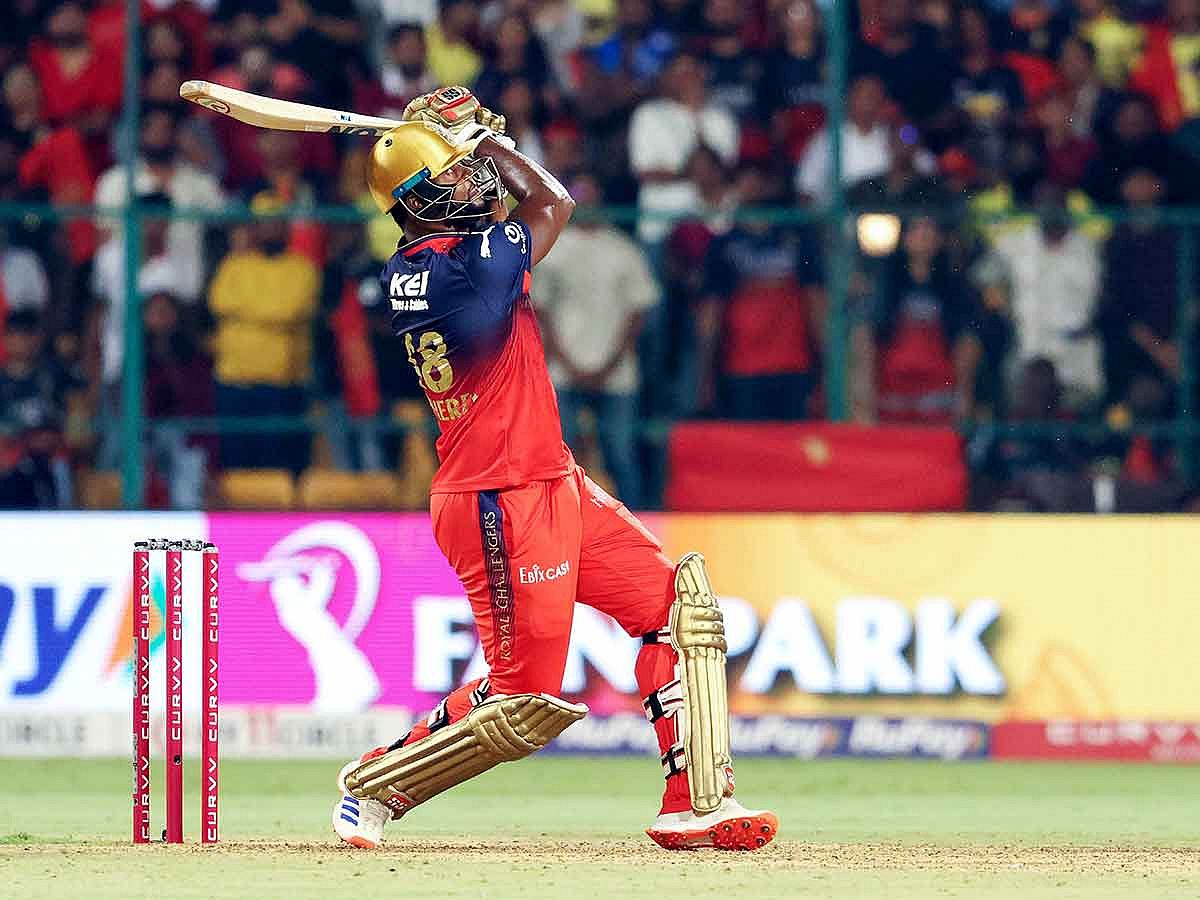 Royal Challengers Bengaluru's Romario Shepherd plays a shot during the IPL 2025 match against Chennai Super Kings, at M. Chinnaswamy Stadium in Bengaluru on Saturday.