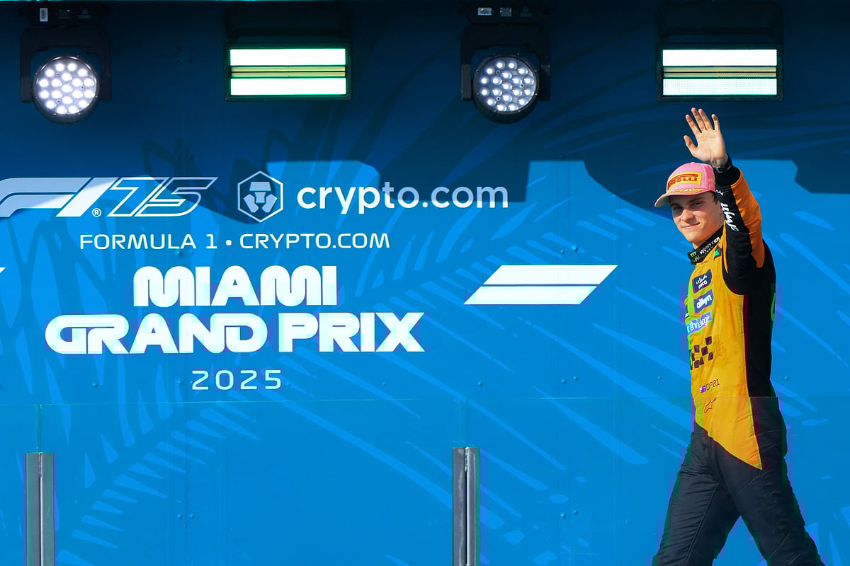 McLaren's Australian driver Oscar Piastri arrives on the podium after winning the 2025 Miami Formula One Grand Prix at Miami International Autodrome in Miami Gardens, Florida, on May 4.