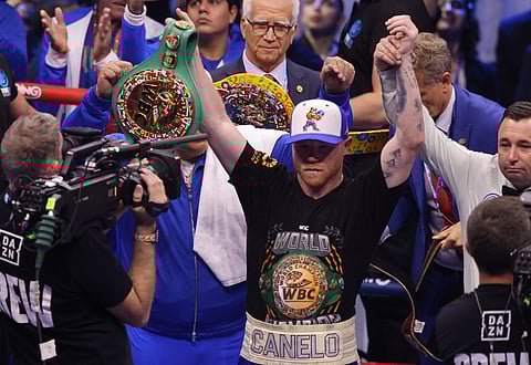 Mexico's Canelo Alvarez celebrates after winning his super middleweight boxing match against Cuba's William Scull at The Venue in Riyadh on May 4.