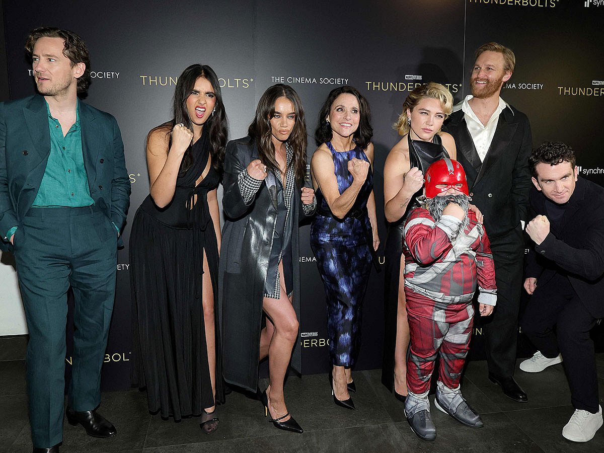 (L-R) Lewis Pullman, Geraldine Viswanathan, Hannah John-Kamen, Julia Louis-Dreyfus, Florence Pugh, Christian "The Rizzler" Savasta, Wyatt Russell and Jake Schreier attend as Disney & The Cinema Society Host "Thunderbolts" New York Screening at iPic Theater in New York City.