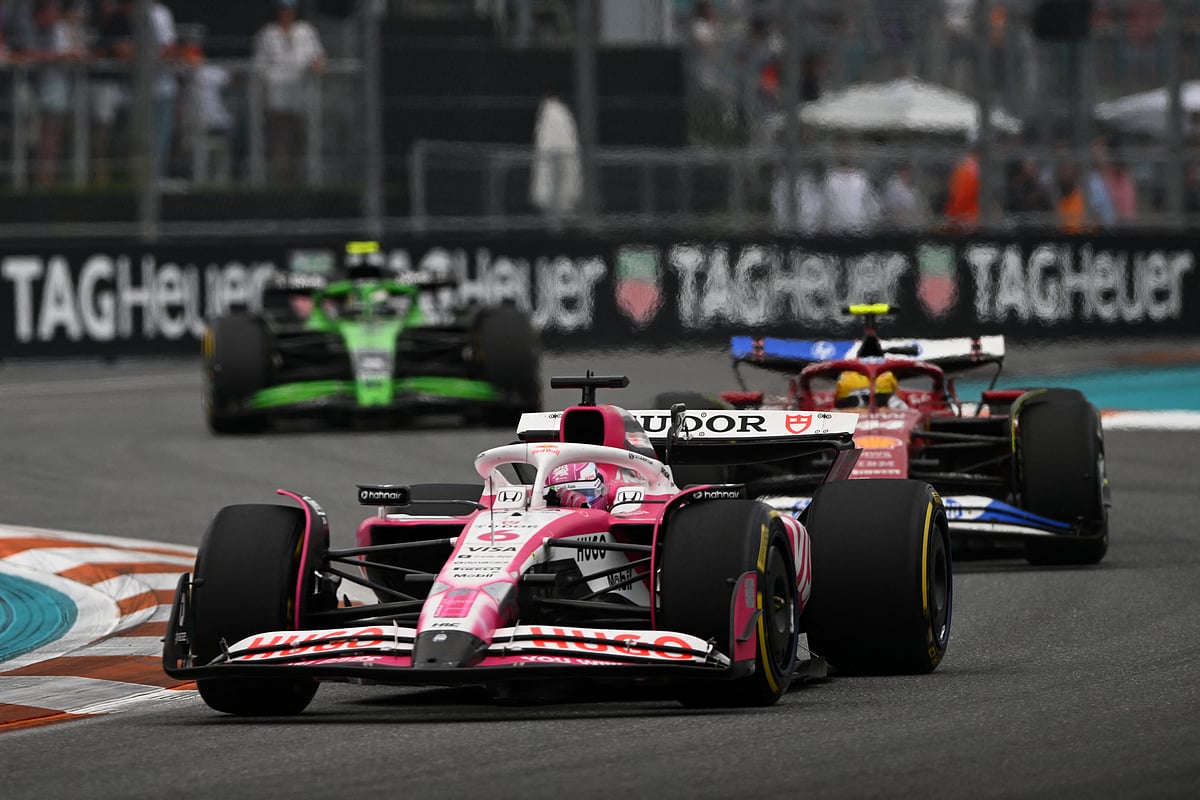 Isack Hadjar of France leads Lewis Hamilton of Great Britain and Gabriel Bortoleto of Brazil on track during the F1 Grand Prix of Miami at Miami International Autodrome on May 04 in Miami, Florida.