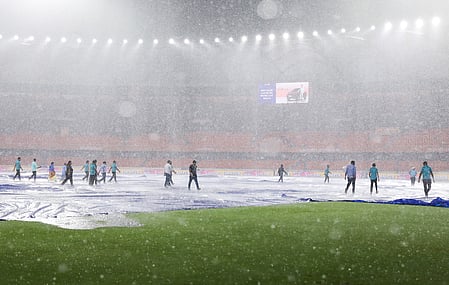 Rain plays spoilsport as Sunrisers Hyderabad crash out of playoff race with match against Delhi Capitals is abandoned because of rain at the Rajiv Gandhi International Stadium in Hyderabad on Monday.