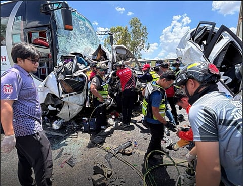 Twelve people, mostly children, died in this pile-up on the Subic Clark Tarlac Expressway (SCTEX), north of Manila, when a "Solid North" bus rammed into vehicles at a toll plaza after the bus driver reportedly fell asleep behind the wheel.