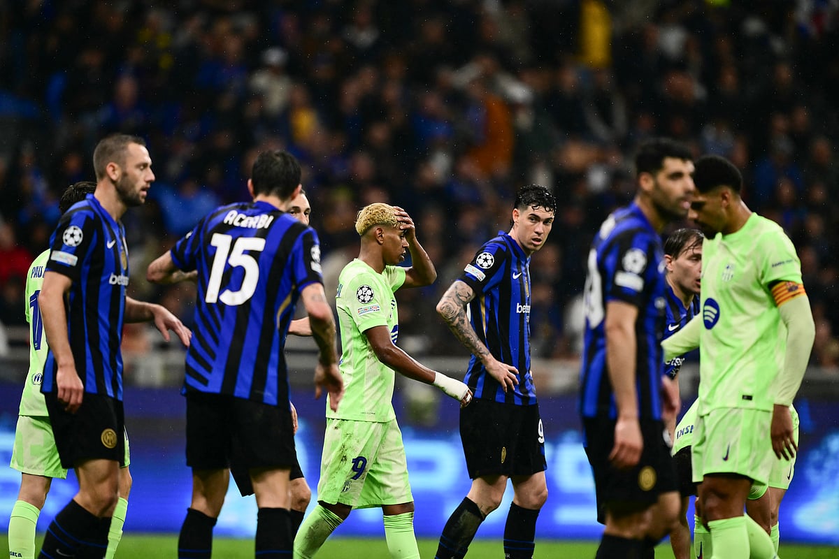Barcelona's Spanish forward #19 Lamine Yamal (C) gestures during the UEFA Champions League semi-final second leg football match between Inter Milan and FC Barcelona at the San Siro stadium in Milan on May 6.
