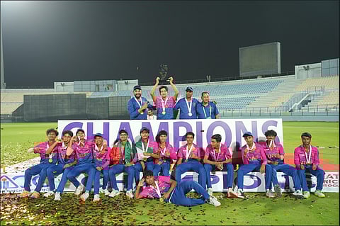 UAE team with the ACC Men's U6 West Zone Cup trophy in Doha, Qatar. 