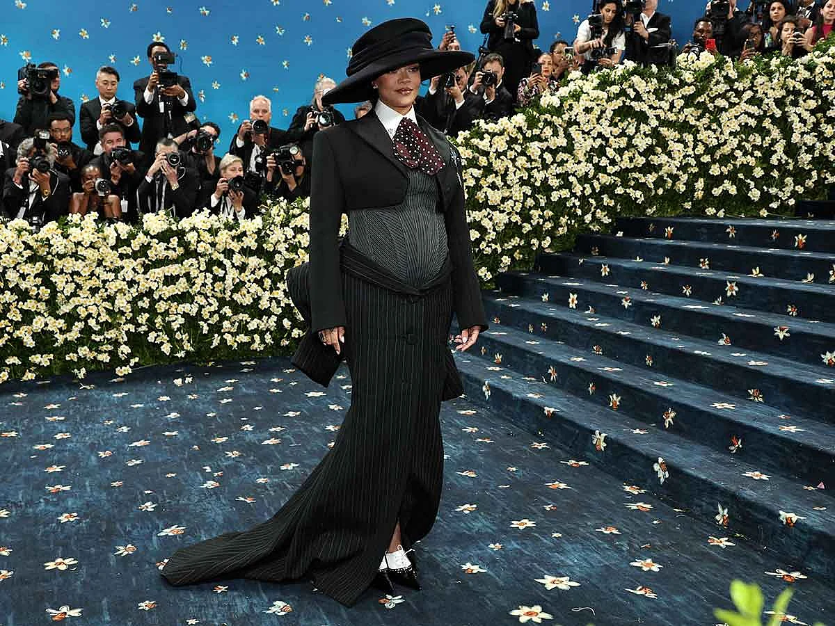 Rihanna attends the 2025 Met Gala Celebrating "Superfine: Tailoring Black Style" at Metropolitan Museum of Art on May 05, 2025 in New York City.  