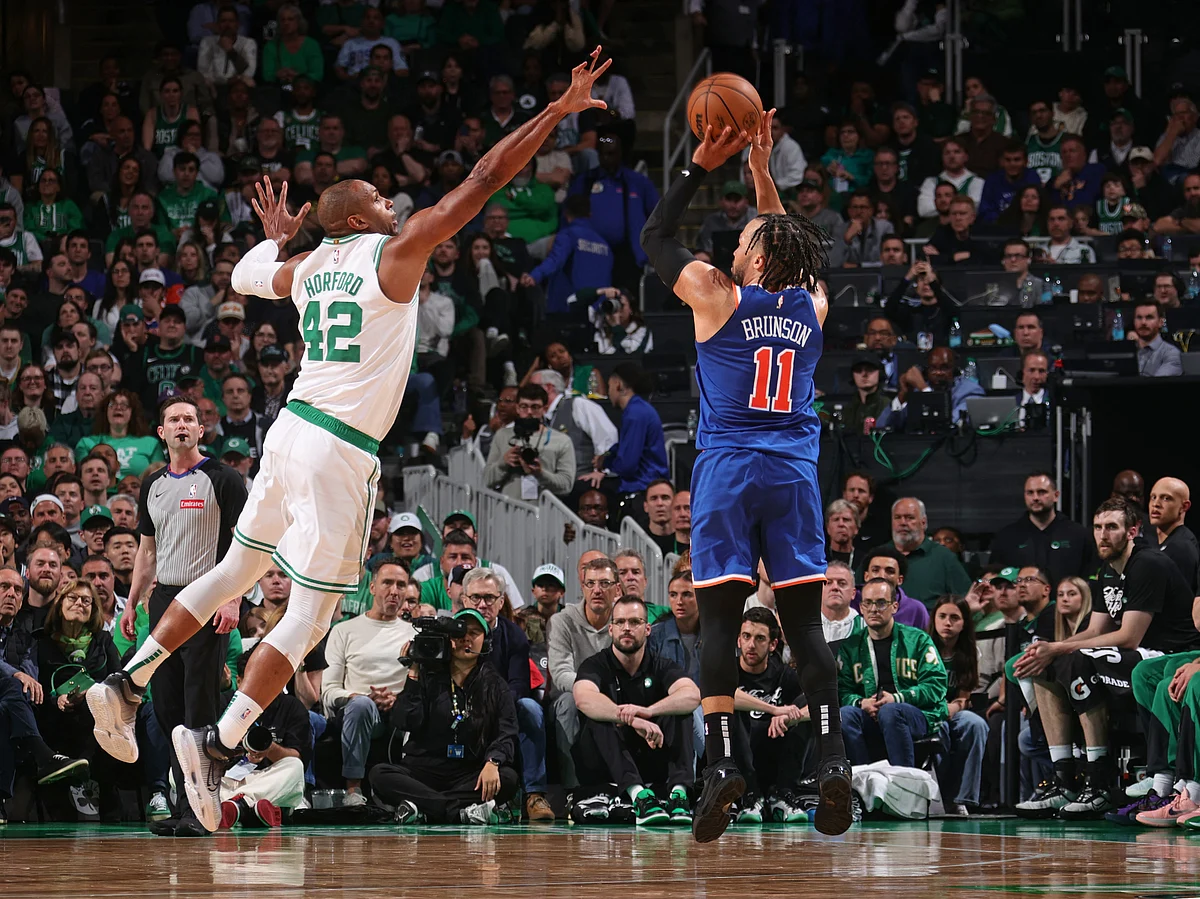 Jalen Brunson of the New York Knicks shoots a three point basket during the game against the Boston Celtics during Game 1 of the 2025 NBA Eastern Conference Semifinals of the 2025 NBA Playoffs.