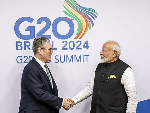 Indian Prime Minister Narendra Modi and UK Prime Minister Keir Starmer at the G20 Summit in 2024. 