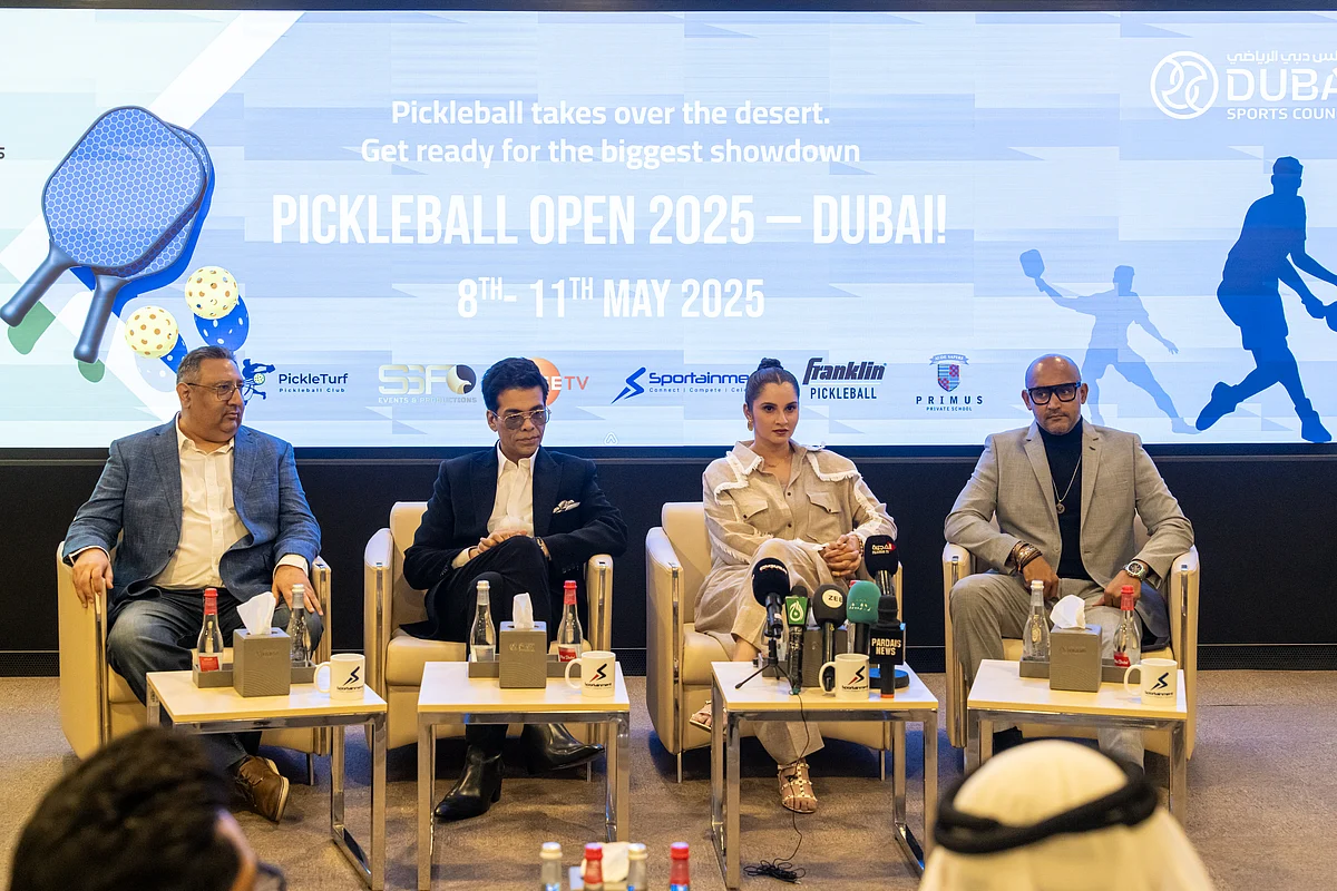 From left Shashank Khaitan, Sania Mirza, and Karan Johar at the event for PickleBall Open 2025 held at Dubai Sports Council, Dubai Design District.


