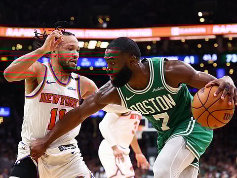  Jaylen Brown #7 of the Boston Celtics is defended by Jalen Brunson #11 of the New York Knicks during the third quarter in Game Two of the Eastern Conference Second Round NBA Playoffs at TD Garden on May 07, 2025 in Boston, Massachusetts.