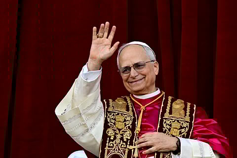 Newly elected Pope Leo XIV, Robert Prevost addresses the crowd.