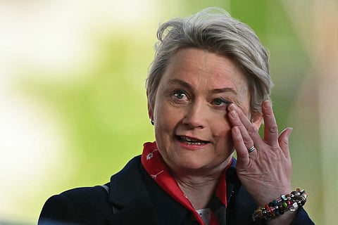 Britain's Home Secretary Yvette Cooper gestures as she speaks with Britain's Chancellor of the Exchequer Rachel Reeves ahead of a celebratory concert to mark the 80th anniversary of VE Day, or Victory in Europe Day, marking the end of the Second World War in Europe, at Horse Guards Parade in London on May 8, 2025.