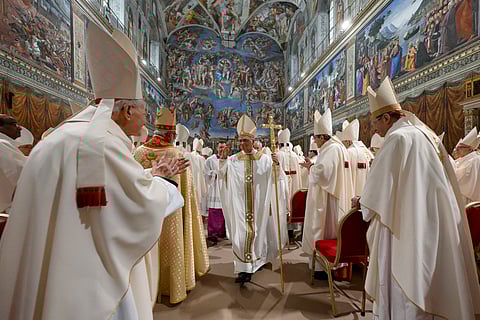 Pope Leo XIV during a mass with cardinals in the Sistine Chapel in The Vatican.
