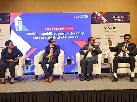 Panelists at the session Reskill, upskill, repeat – the only career rule that still works, on Day 1 at GN Edufair 2025. From left: Dr Arpita Mehrotra, Associate Dean, Westford, Hisham Jiffry, Course Manager and Senior CMA Trainer, Pwc Academy Middle East, Vignesh Sivakumar, Operations Director, Phoenix Financial Training, and Krishna Kumar Negade  - Head of Recruitment & External Engagement, De Montfort University Dubai