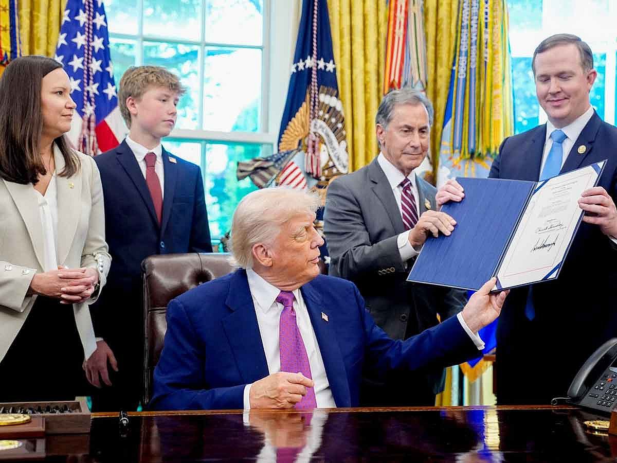 US President Donald Trump, during an executive order signing in the Oval Office of the White House in Washington DC,  on Friday, May 9, 2025. 