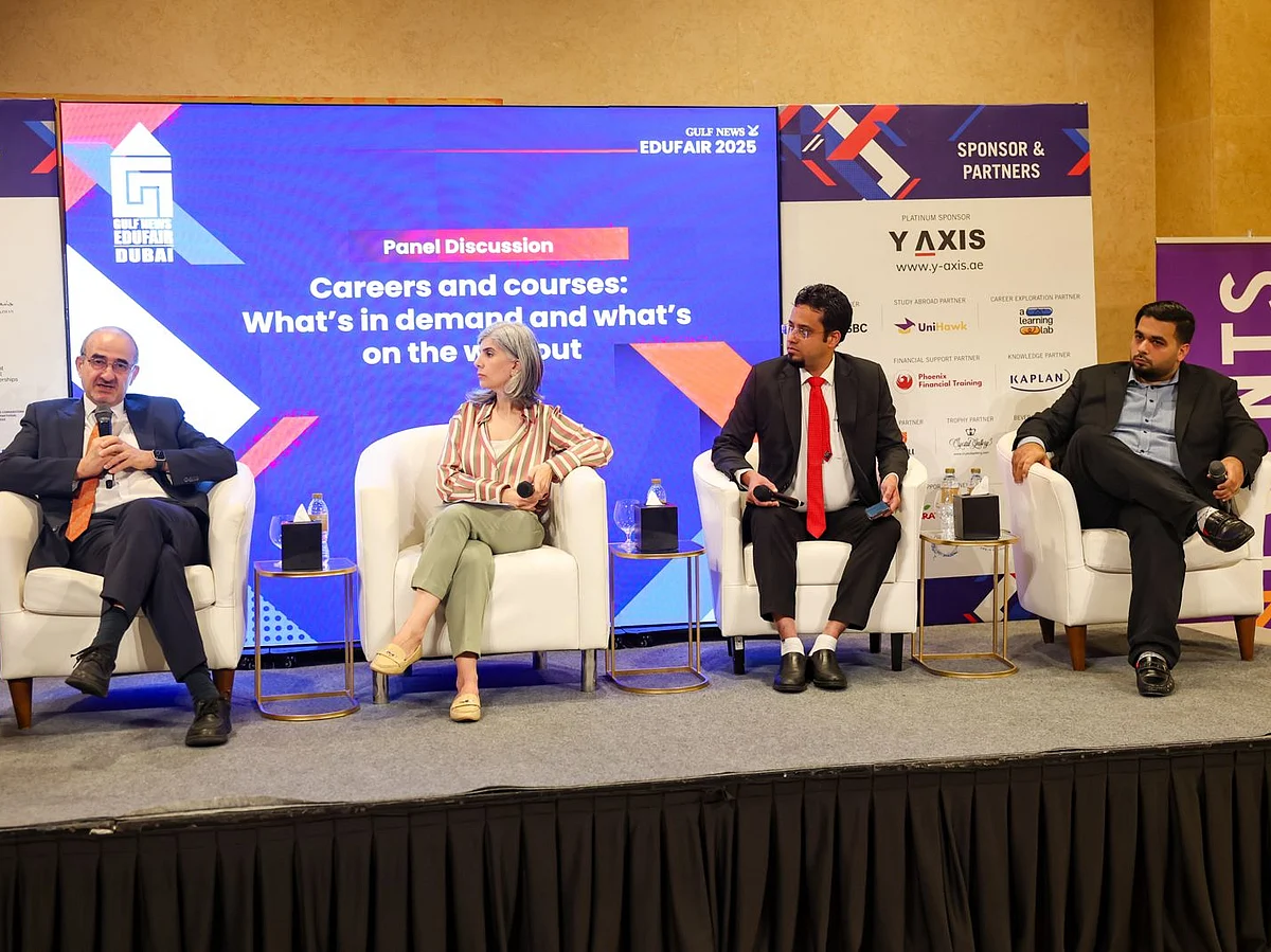 Panelists deliberate during a session titled Careers and Courses: What’s in Demand and What’s on the Way Out, on Day 2 of GN Edufair 2025. On the podium are from left: Professor Ammar Kaka, Pro Vice Chancellor and President of Curtin University Dubai; Dr Aseel Takshe, Acting Dean of the School of Environmental Sciences and Psychology, Canadian University Dubai; Prof. Syed Arman Rabbani, Professor and Chairperson, Department of Clinical Pharmacy and Pharmacology, Rak Medical and Health Sciences University, and Waleed Minhas, Director of Leadership, Behavioural & Exam Preparation, Kaplan Middle East & North Africa 