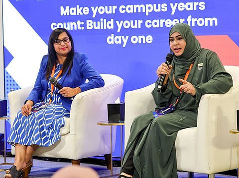 Dr Kanchi Das and Humera Khan during a panel discussion at Gulf News Edufair 2025.
