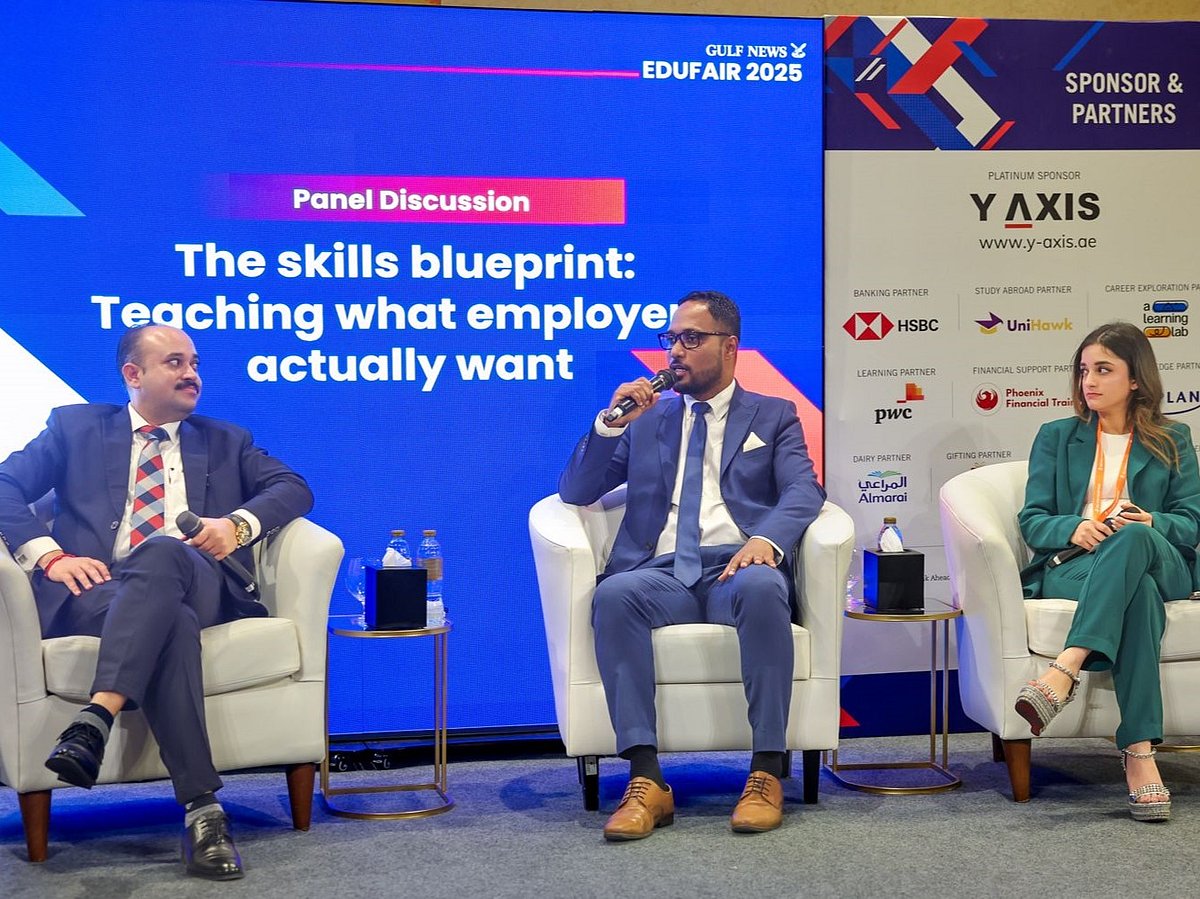 Dr Sudhir Rana,  Mohammed Zaheer, and Aishwarya Bakshi during a panel discussion at the Gulf News Edufair 2025.